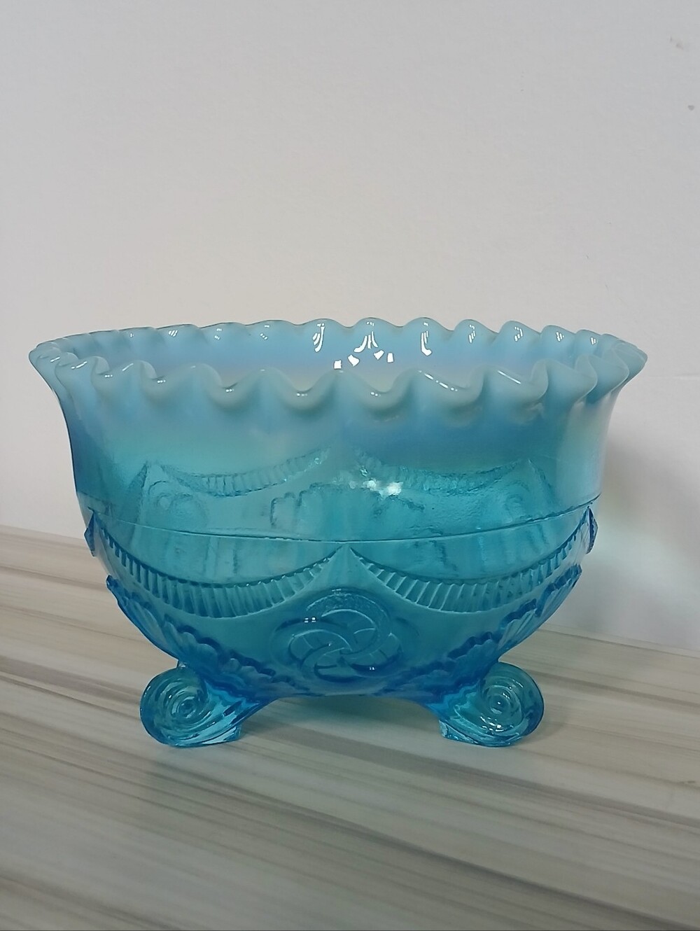 Antique Northwood Jefferson Blue Opalescent Ruffles and Rings Footed Bowl